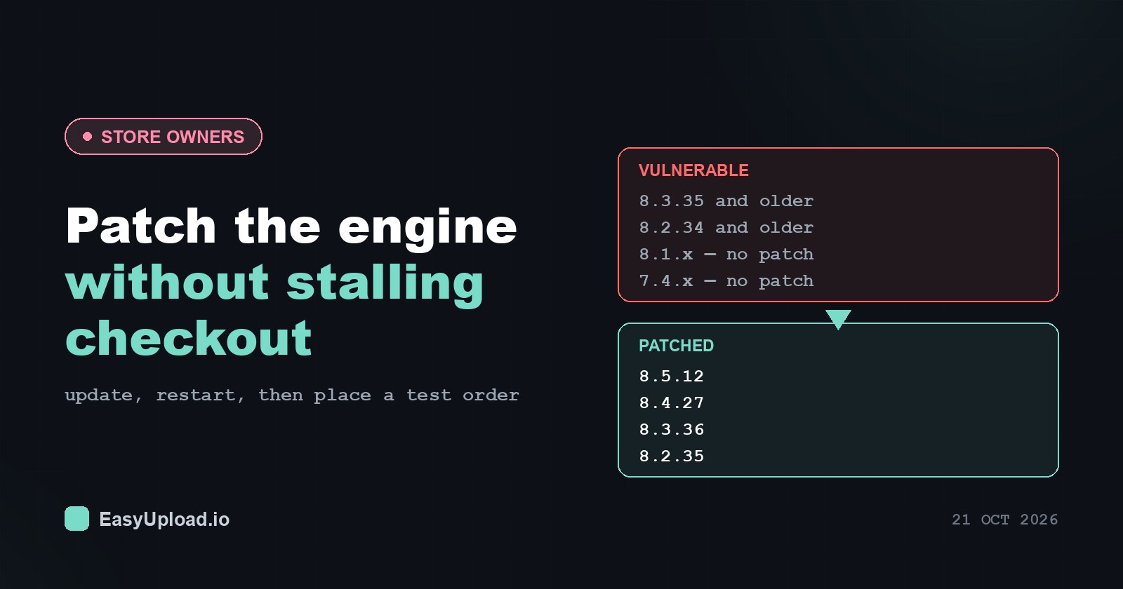 Dark banner reading 'Patch the engine without stalling checkout' beside two cards: vulnerable PHP builds above, the patched versions 8.5.12, 8.4.27, 8.3.36 and 8.2.35 below